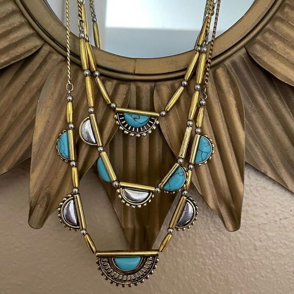 Gold Tone Turquoise Three Tiered Necklace - Picture 3 of 13